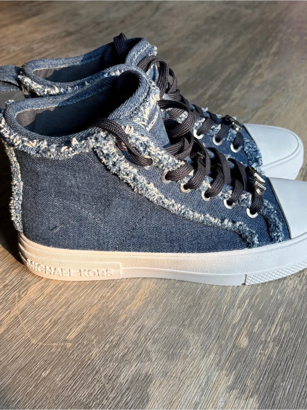 Michael Kors Women’s Denim Frayed High-Top Sneakers in Navy and White
